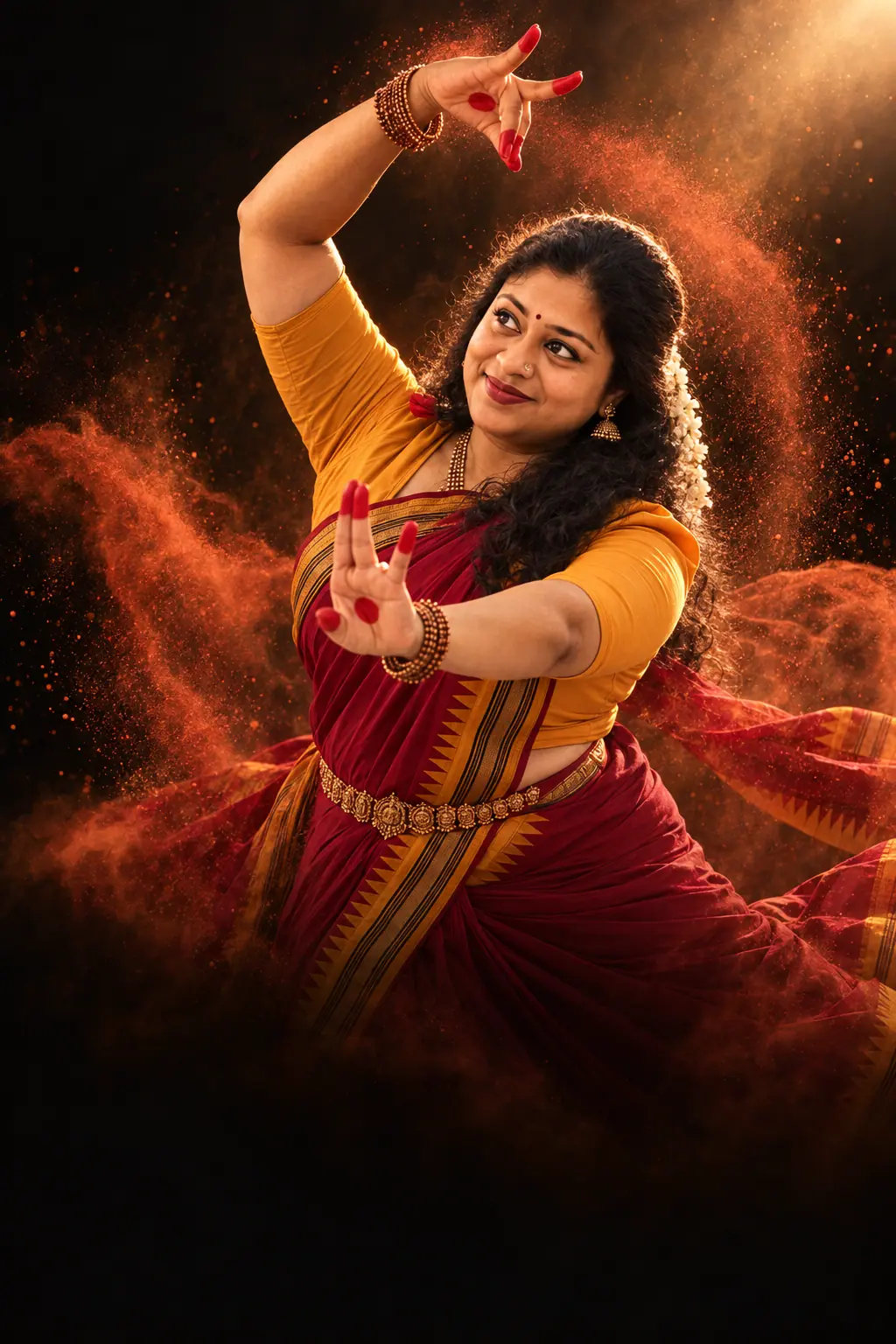 Gopika Rigunlal mid-performance, one arm raised in a mudra, terracotta silk swirling around her in warm stage light