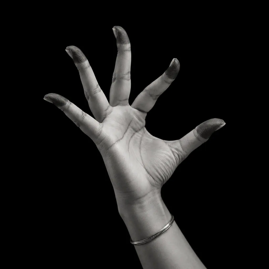 A hand in alapadma mudra against black